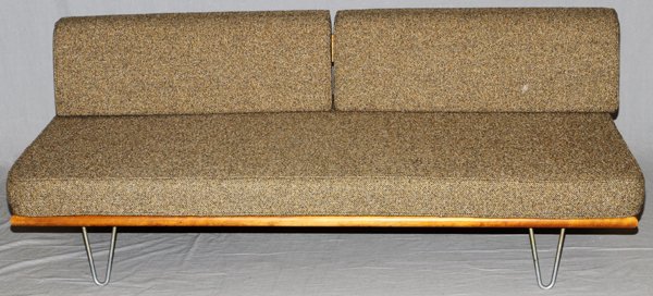 GEORGE NELSON DAYBED FOR HERMAN MILLER C. 1950: GEORGE NELSON DAYBED FOR HERMAN MILLER, C. 1950, L 77":Birch platform base on aluminum hairpin supports. Urethane filled cushion, brown wool fabric. Herman Miller partial label (see additional photo).