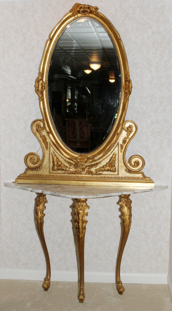 GILT WOOD OVAL MIRROR & MARBLE TOP CONSOLE: GILT WOOD OVAL MIRROR & MARBLE TOP CONSOLE, H 30", W 47", D 16":Including 1 oval mirror, 51" x 40", and 1 console having a marble top raised on patinated metal legs, H.30" x 47" x 16". Two items total