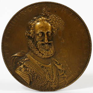 BRONZE MEDALLION HENRY IV OF FRANCE & OTHER: BRONZE MEDALLION, HENRY IV OF FRANCE & MARIE DE MEDICI, DIA 3 7/8":Henri IV le Grand, with Marie de Medici by Guillaume Dupre. Obverse: HENRIC IIII R CHRIS MARIA AUGUSTA. Busts of Henri, facing slight