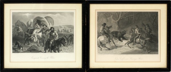 AFTER FELIX O. C. DARLEYENGRAVINGS BY FRANCIS HOLL: AFTER FELIX O. C. DARLEY (1822-1888) ENGRAVINGS BY FRANCIS HOLL, TWO, 5" X 8", 'EMIGRANTS' & 'CALIFORNIANS':Appleton and Co., 1873, black and white; entitled "Emigrants Crossing the Plains" and "Nativ