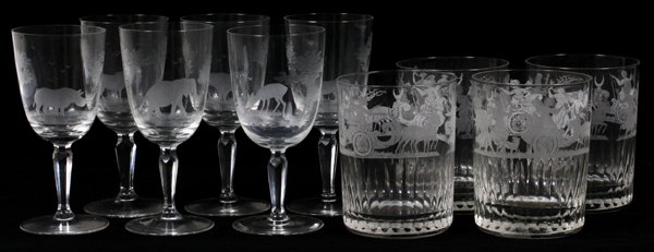 ROWLAND WARD 'BIG GAME' GLASS WINES: ROWLAND WARD 'BIG GAME' GLASS WINES (6) & TUMBLERS (4), CHARIOT MOTIF:Ten items total.