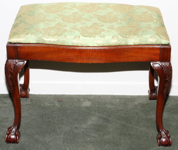 GEORGIAN STYLE MAHOGANY WINDOW BENCH: GEORGIAN STYLE MAHOGANY WINDOW BENCH, H 18", L 25":Faux silk upholstered seat, raised on cabriole legs having acanthus leaf knees, with ball and claw feet. Measuring H.18" x 25" x 16".
