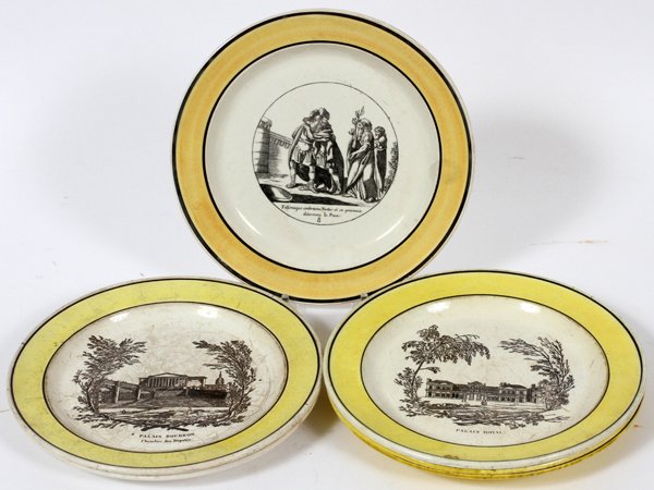FRENCH CREIL PLATES 19TH C. SIX: FRENCH CREIL PLATES, 19TH C., SIX, DIA 8 1/2":Transfer-decorated creamware plates, including 2 impressed "P & H/7", depicting classical scenes with titles; 2 architectural, entitled "Palais Bourbon" a