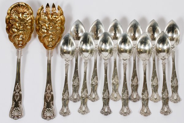 SHEFFIELD BERRY SPOONS & PLATED CITRUS SPOONS: SHEFFIELD BERRY SPOONS (2) & PLATED CITRUS SPOONS, SET OF TWELVE:Two Sheffield plate berry spoons by William Adams with vermeil or gold plate bowls. Both in black leather case. Also set of 12 silver p