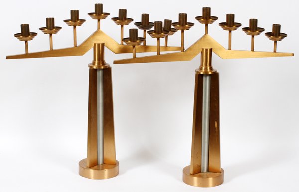 MODERN STYLE BRUSHED METAL7-LIGHT ALTAR CANDELABRA: MODERN STYLE BRUSHED METAL SEVEN-LIGHT ALTAR CANDELABRA, PAIR, H 24", W 25":No apparent markings.