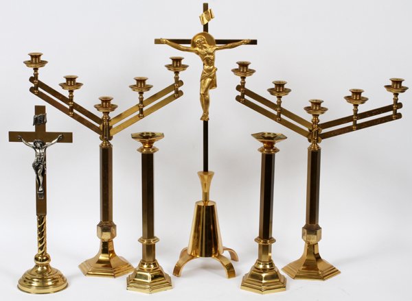 BRASS ALTAR CANDLESTICKS & CRUCIFIXES SIX PIECES: BRASS ALTAR CANDLESTICKS & CRUCIFIXES, SIX PIECES, H 15"-27":Including 2 five-light candelabra with 2 matching candlesticks; together with 2 crucifixes. No apparent markings.