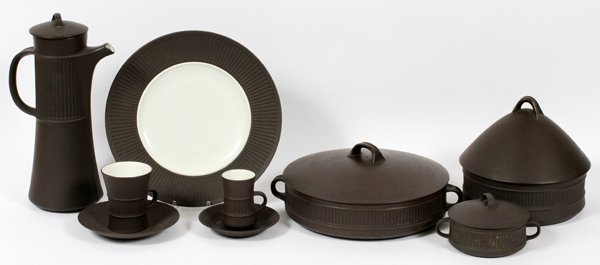 DANSK CASSEROLE COFFEE POT & DINNERWARE 31 PIECES: DANSK CASSEROLE, COFFEE POT & DINNERWARE, 31 PIECES:Black, including 6 dinner plates, Dia.12", 5 coffee mugs, 3 after dinner mugs, 2 creamers, salt, pepper, 6 saucers, 4 after dinner saucers, coffee p