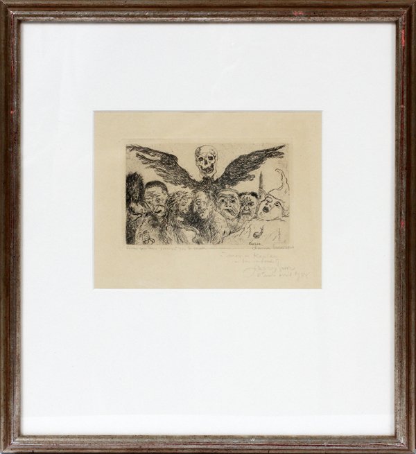 JAMES ENSOR ETCHING 1904: JAMES ENSOR (BELGIAN 1860-1949), ETCHING, 1904, H 3 1/2", W 5 1/2", "THE DEADLY SINS DOMINATED BY DEATH":Pencil l signed, dated and then dedicated to Kaplan and signed again and then dated 1908; title