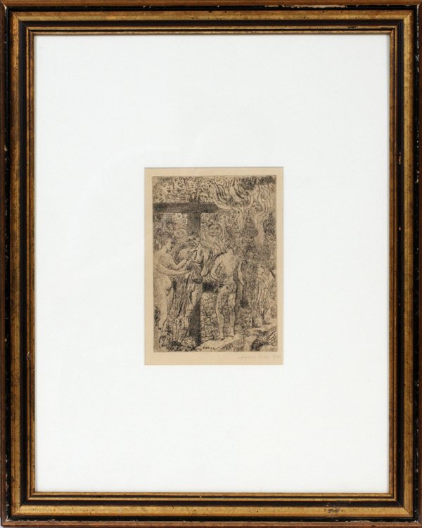 JAMES ENSOR ETCHING 1900: JAMES ENSOR (BELGIAN 1860-1949), ETCHING, 1900, H 6 3/4", W 4 3/4", "LA REINE PARYSATIS":Pencil signed and dated; framed. Reference: Taevernier 116. Provenance: R.S. Johnson Gallery, Chicago.