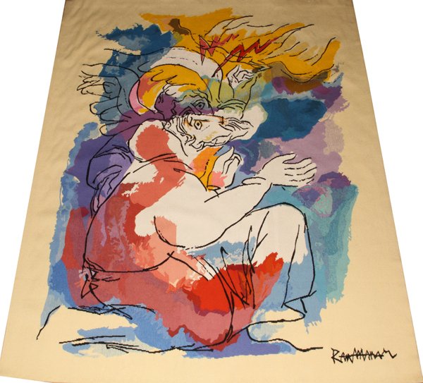 ABRAHAM RATTNER WOVEN TAPESTRY: ABRAHAM RATTNER [AMERICAN, 1893-1978], WOVEN TAPESTRY, W 58" L 76", "MOSES & THE BURNING BUSH":Inscribed at the lower right side, and signed at the reverse label. Edition number 5/8. Depicting a kneel