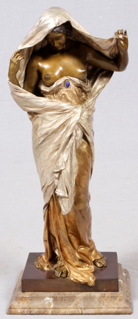 LOUIS ERNEST BARRIAS BRONZE SCULPTURE: LOUIS ERNEST BARRIAS [FRENCH, 1841-1905], BRONZE SCULPTURE, H 21 1/2" L 8", "LA NATURE SE DEVOILANT DEVANT LA SCIENCE":Signed at one side of base, and stamped with the "Susse Freres Editeurs, Paris" f