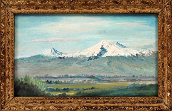 GUY C. WIGGINS OIL ON CANVAS: GUY C. WIGGINS (AMERICAN, 1883-1962), OIL ON CANVAS, H 8 1/2" W 14 1/4", MOUNTAIN LANDSCAPE:Guy Carleton Wiggins. Signed at the lower right, depicting a landscape with mountains. Canvas size measuring