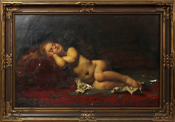 FOLLOWER OF LÉON JEAN BASILE PERRAULT OIL ON CANVAS: FOLLOWER OF LÉON JEAN BASILE PERRAULT (FRENCH 1832-1908) OIL ON CANVAS, C. EARLY 20TH C., H 29", W 44", SLEEPING CHILD:Unsigned; period frame. From the consignor's mother's estate who got it as a gil