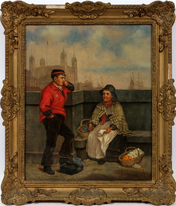 WILLIAM MULREADY OIL ON CANVAS: WILLIAM MULREADY [IRISH, 1786-1863], OIL ON CANVAS, H 21" W 17", STREET SCENE:Signed at the lower right, depicting two figures on the street. Measuring H. 21" x 17", framed.