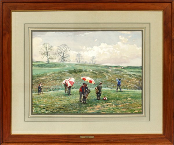 ARTHUR WEAVER GOUACHE & WATERCOLOR ON PAPER 1960: ARTHUR WEAVER (BRITISH, 1918-), GOUACHE & WATERCOLOR ON PAPER, 1960, H 17 1/4", W 23 1/2", "HERTS":Signed and dated lower right; framed. Golf tournament played in rain.
