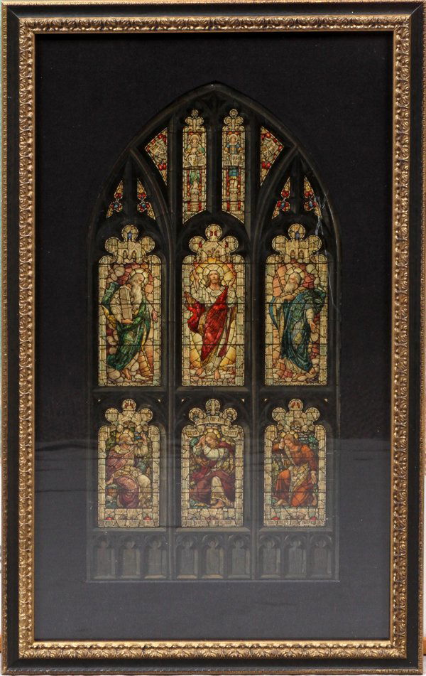 HAND DRAWN & COLORED WATERCOLOR & GOUACHE, H 15", L 7.7: HAND DRAWN & COLORED WATERCOLOR & GOUACHE, H 15", L 7.75", DEPICTS A GOTHIC 14 PANEL STAINED GLASS WINDOW Depicting 14 religious stained glass windows. Framed and matted. Knollwood Gallery stamp on ve