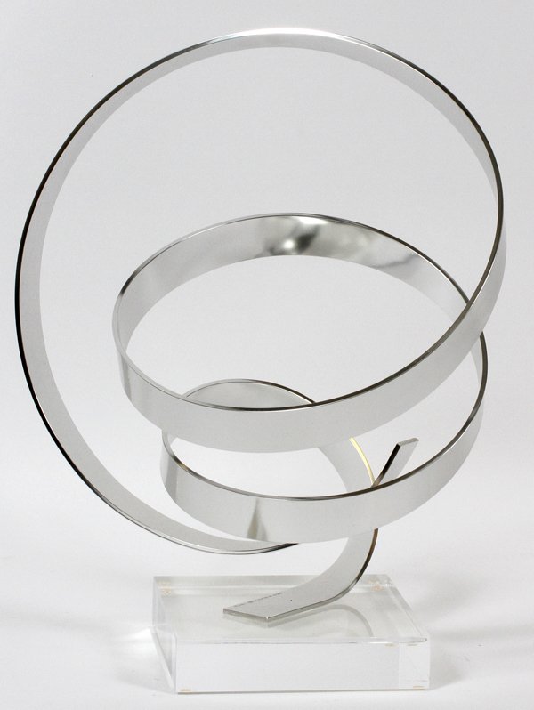 DAN MURPHY MODERN POLISHED ALUMINUM SCULPTURE 1979: DAN MURPHY, MODERN POLISHED ALUMINUM SCULPTURE, 1979, 17" X 14" X 12":Mounted on acrylic base; signed and dated. .