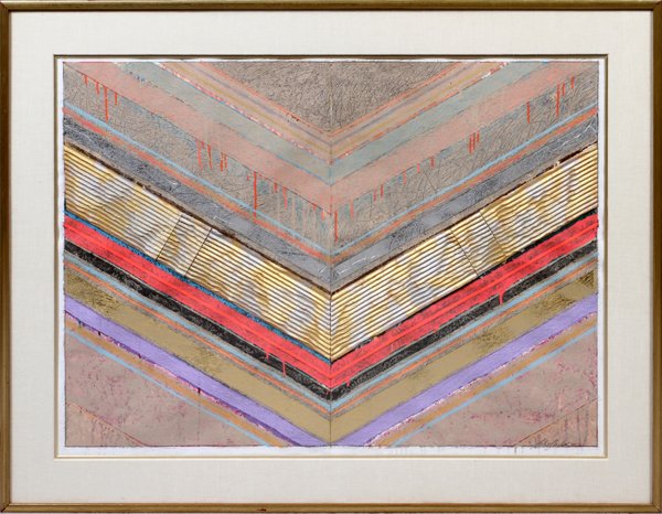 PATRICK ARCHERACRYLIC & COLLAGE 1985: PATRICK ARCHER (US B. 1926), ACRYLIC & COLLAGE, 1985, H 32", W 44", "SUBDUED SOUSA":Signed and dated lower right; framed, title on verso of framing.