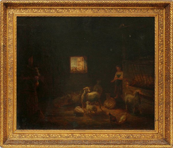 JACOB COX OIL ON CANVAS 1875: JACOB COX [AMERICAN, 1810-1892], OIL ON CANVAS, 1875, H 22" W 27":Signed and dated 1875 at the lower right. Depicting interior barn scene with young girl and livestock. Measuring H. 22" x 27", display