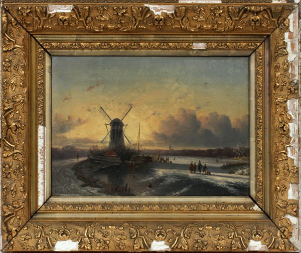 DUTCH OIL ON CANVAS C. 1900: DUTCH OIL ON CANVAS, C. 1900, H 12", W 18", WINTER SUNSET WITH WINDMILL & SKATERS:Illegibly signed lower left; gilt period or original frame.