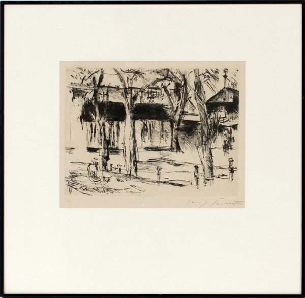 LOVIS CORINTH DRYPOINT 1920: LOVIS CORINTH (GERMAN 1858-1925), DRYPOINT, 1920, H 8 3/4", W 11 3/4", "BAHNHOF TIERGARTEN":Pencil signed; #43/200; marked #P921 in pencil; framed. Reference: Muller 474.