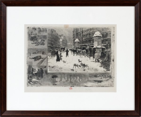FELIX BUHOT ETCHING & AQUATINT 1879: FELIX BUHOT (FRENCH 1847-1898), ETCHING & AQUATINT, 1879, H 9 1/4", W 13", "A LA PLACE BREDA 9 DECEMBRE":Pencil signed; red owl stamp; inscribed in margin, "epr. D'un etat nan termine"; winter in Pari