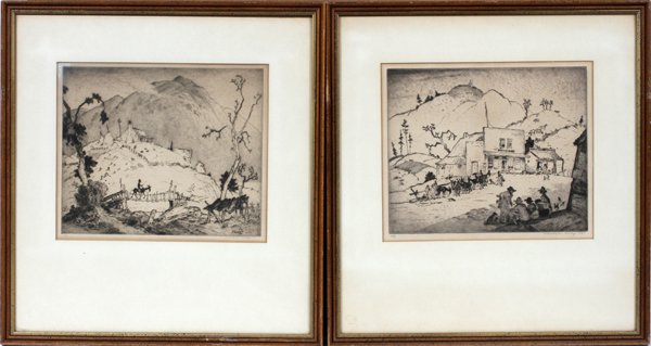 HARRISON CADY ETCHINGS 1930 TWO: HARRISON CADY [1877-1970], ETCHINGS, 1930, TWO, H 10 1/2", W 12 1/2":Harrison Cady [American, 1877-1970]. Including one depicting figure on horseback crossing a bridge, the other depicting a small Wes