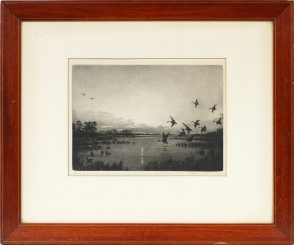 EVENING STAR LITHOGRAPH: EVENING STAR LITHOGRAPH, H 9" W 12":Pencil signed at the lower right and titled at the lower left. Depicting a sunset with geese flying over the water.