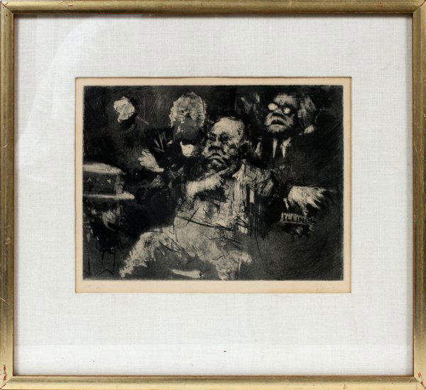 JACK LEVINE ETCHING: JACK LEVINE [AMERICAN, 1915-2010], ETCHING, H 8 3/4" W 11 3/4", 'DALEY GESTURE':Etching on paper, titled "Daley Gesture". Edition number 78/120, pencil signed at the lower right. Measuring H. 8 3/4" x