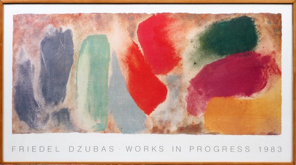 FRIEDEL DZUBAS COLOR LITHOGRAPH: FRIEDEL DZUBAS COLOR LITHOGRAPH H 30", L 52", "WORKS IN PROGRESS 1983":Framed under acrylic.