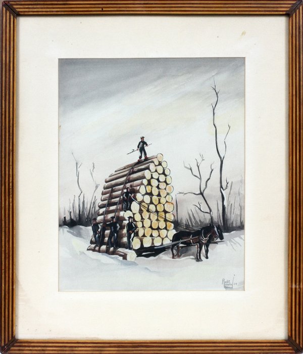 ROBERT IRWIN AMERICAN WATERCOLOR 1939: ROBERT IRWIN, AMERICAN WATERCOLOR, 1939, H 16", W 12", LOGGING SCENE:Signed and dated lower right; framed.