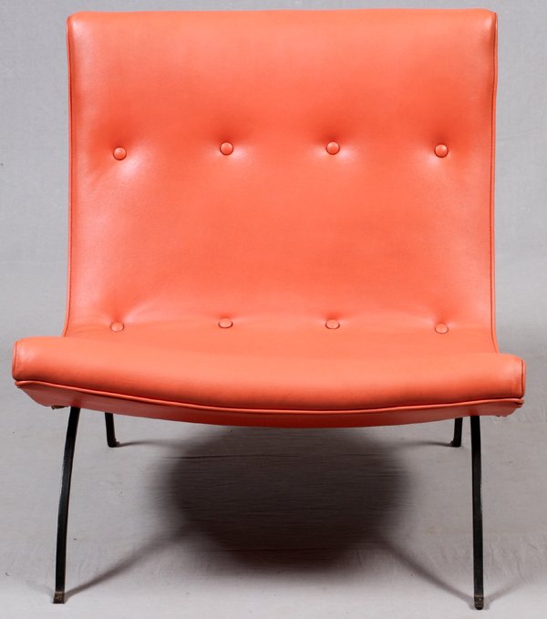 MILO BAUGHMAN FOR THAYER COGGIN SCOOP CHAIR: MILO BAUGHMAN (1923-2003) FOR THAYER COGGIN SCOOP LOUNGE CHAIR, C. 1960:Original tufted naugahyde upholstery, raised on wrought iron supports. Original label underneath (see additional photo). Measuri