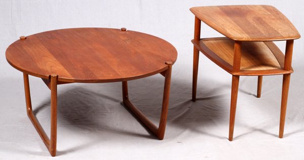 'FRANCE & SON' DANISH MID CENTURY MODERN TABLES: 'FRANCE & SON', DANISH, MID CENTURY MODERN TABLES, C. 1950, TWO, H 17" & 23", PETER HVIDT:Including one teak side table, designed by Peter Hvidt and Orla Molgaard Nielson for France & Son, fitted with