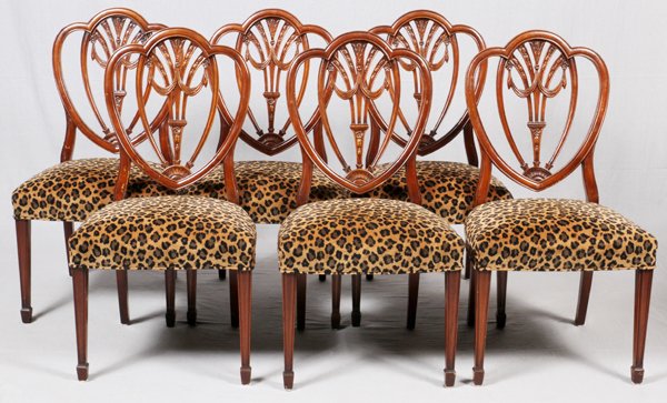 HEPPLEWHITE STYLE MAHOGANY SIDE CHAIRS C1930 6 PCS.: HEPPLEWHITE STYLE MAHOGANY SIDE CHAIRS, C1930, 6 PCS.:having a shield form pierced design back rest, leopard velour seats.