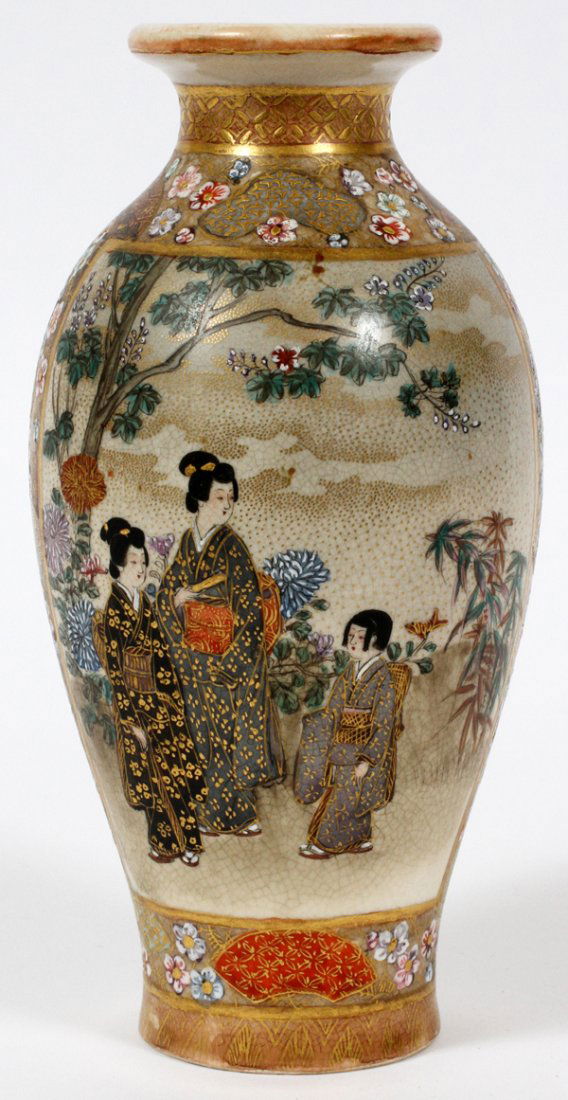 JAPANESE SATSUMA EARTHENWARE VASE EARLY 20TH C.: JAPANESE SATSUMA, EARTHENWARE VASE, EARLY 20TH C., H 6":Baluster form vase, depicting a women in the garden scene, with floral and fan motif about the base and rim. Measuring H. 6", marked at the unde