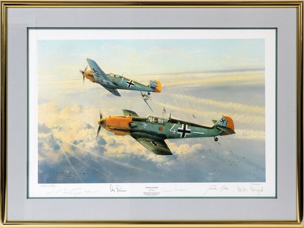 ROBERT TAYLOR AUTOGRAPHED AVIATION COLOR LITHOGRAPH: ROBERT TAYLOR, AUTOGRAPHED AVIATION COLOR LITHOGRAPH, "AP", 40/100, C1990, H 22", W 32", "EAGLE ATTACK":depicts two ME-109's Messersmits fighters, pencil signed by pilots: Generals Adolph Galland, Gun