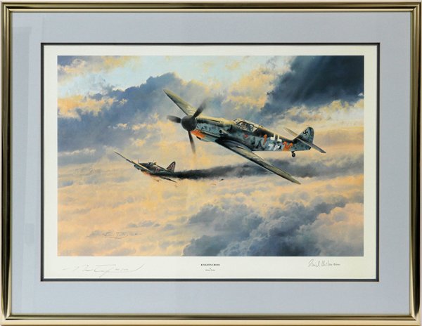 ROBERT TAYLOR AVIATION COLOR LITHOGRAPH #433/1250: ROBERT TAYLOR, AUTOGRAPHED AVIATION COLOR LITHOGRAPH, #433/1250, C1989, H 17", W 26", "KNIGHTS CROSS":depicts German ace Erich Hartmann shooting down a Russian Sturmovik attack fighter. Pencil signed