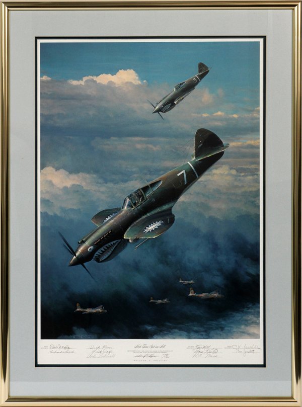 WILLIAM S. PHILLIPS AVIATION COLOR LITHOGRAPH: WILLIAM S. PHILLIPS, AUTOGRAPHED AVIATION, COLOR LITHOGRAPH, #1278/1500, C1986, H 27", W 20":depicts 'Flying Tiger' Bob Neale and his wing man W.E. Bartling during a diving attack on Japanese Ki-21 Ja