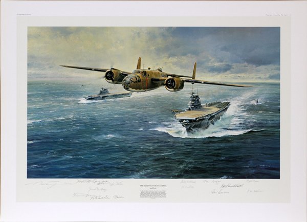 ROBERT TAYLOR AVIATION COLOR LITHOGRAPH #856/1000: ROBERT TAYLOR, AUTOGRAPHED AVIATION COLOR LITHOGRAPH, #856/1000, C1991, H 23", W 33", THE DOOLITTLE TOKYO RAIDERS":Depicts a B-25 Mitchell Bomber over the aircraft carrier Hornet; signed by General Ja