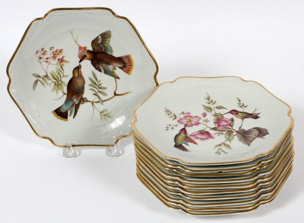 MITTERTEICH PORCELAIN PLATES C. 1930 SET OF 11: MITTERTEICH PORCELAIN PLATES, C. 1930, SET OF 11, W 8":A set of eleven Mitterteich Bavarian plates, each decorated with varying scenes of birds, marked at the undersides, measuring W. 7 3/4". Circa 19