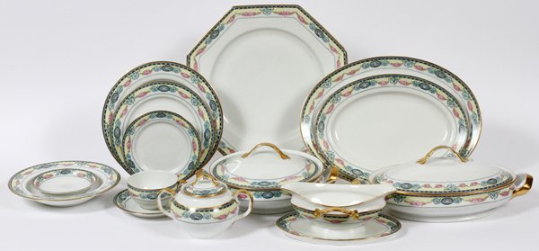 BLACK KNIGHT "CAMBRIDGE" DINNER SERVICE 71 PCS: BLACK KNIGHT "CAMBRIDGE" DINNER SERVICE SEVENTY-ONE PIECES:The Black Knight Czech-Slovakia "Cambridge" porcelain partial dinner service includes twelve each of dinner plates Dia. 9.25", soup bowls, te