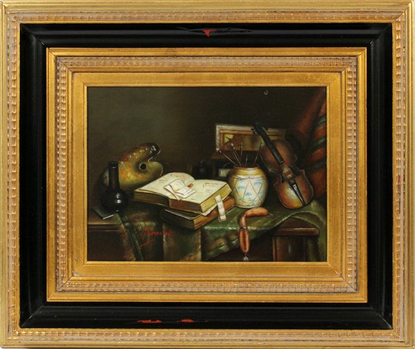 SIGNED MARGARET OIL ON CANVAS STILL LIFE OF BOOKS: SIGNED "MARGARET", OIL ON CANVAS, STILL LIFE OF BOOKS, VIOLIN, PALETTE, ETC., H 11", W 15":oil on canvas depicts a still life of books, violin, artist's palette, paint brushes, mounted in a black pain