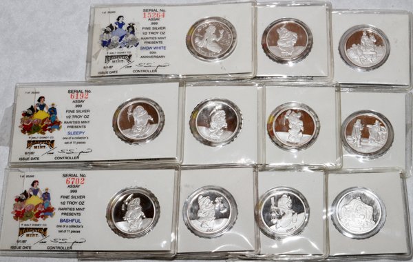 DISNEY RARITIES .999 SILVER CHARACTER COINS ELEVEN: DISNEY RARITIES .999 SILVER CHARACTER COINS, ELEVEN:The 1/2 Troy Oz. character coins include The Hunter & Queen, The Witch, Dopey, Happy, Grumpy, The Prince, Sneezy, Snow White, Doc, Bashful and Sleep