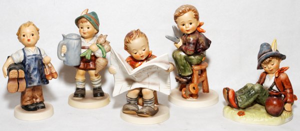 HUMMEL BISQUE FIGURES FIVE: HUMMEL BISQUE FIGURES, FIVE, H 4"-5 1/2":Including 1 Stylized Bee mark, 1 Goebel Bee mark, and 4 Goebel marks.