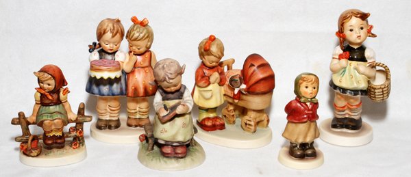HUMMEL BISQUE FIGURES SIX: HUMMEL BISQUE FIGURES, SIX, H 4"-5":five with West Germany marks, one 'M.I. Hummel Club' membership year 2004-2005 with Goebel Germany large bee mark.