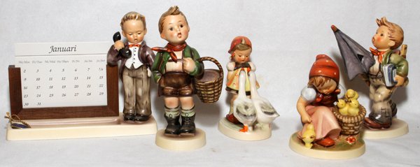 HUMMEL BISQUE FIGURES FIVE: HUMMEL BISQUE FIGURES, FIVE, H 4"-6":Including 1 perpetual calendar and 4 figures; of which 1 Full Bee mark, 1 Stylized Bee mark, and 3 Goebel marks.