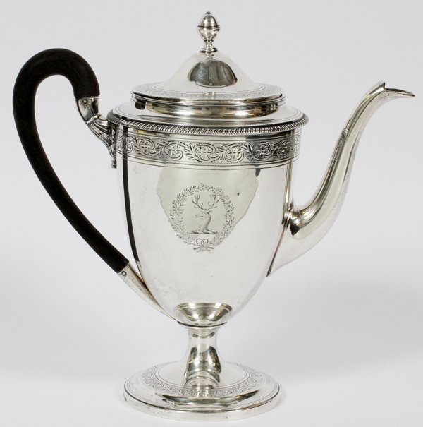 GEORGE III STERLING COFFEE POT BY ROBERT SHARP: GEORGE III STERLING COFFEE POT BY ROBERT SHARP, LONDON, 1798-99, H 10 3/4":An urn-form sterling silver coffee pot with removable cover and a wood scroll handle, chased foliate bands about, a stag with