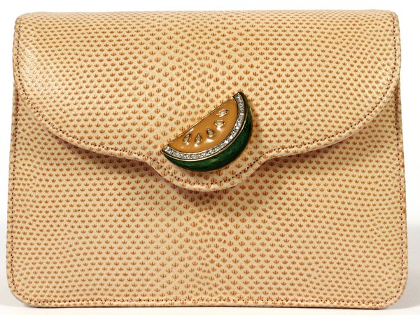 JUDITH LEIBER SHOULDER BAG W/ WATERMELON CLASP: JUDITH LEIBER KARUNG SHOULDER BAG WITH WATERMELON CLASP, W 5 1/2":Light peach/tan karung snake exterior with magnetic flap centered by an enamel and crystal watermelon, opening to pink silk grosgrain