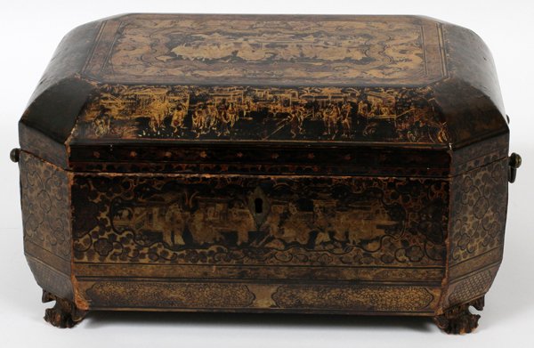 ANTIQUE CHINESE BLACK LACQUER TEA CADDY: ANTIQUE CHINESE BLACK LACQUER TEA CADDY, H 6", W 11", D 8":Black lacquer and gold double handled case with two etched tin tea caddy's.