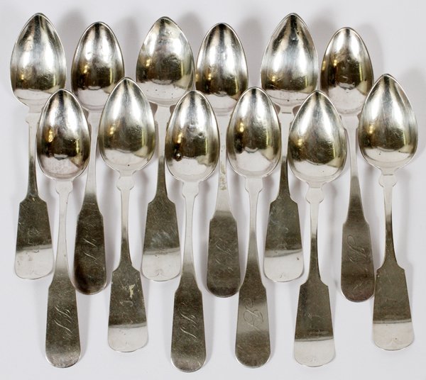 AMERICAN COIN SILVER TEASPOONS MID 19TH C. TWELVE: AMERICAN COIN SILVER TEASPOONS, MID 19TH C., TWELVE, L 5 1/2":Including a set of 6 teaspoons by Hotchkiss & Schreuder, after 1850, engraved Gothic LM monogram at the tip, and a set of 6 stamped "J. T.